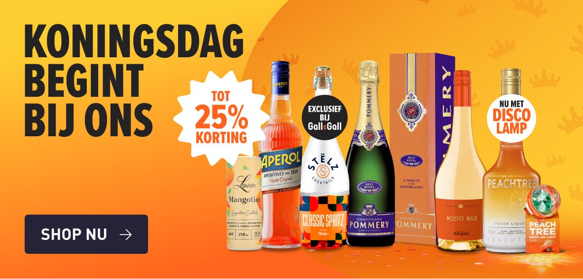 koningsdag begint bij ons! De lekkerste dranken tot 25% korting. Zoals de stelz 75cl exclusief verkrijgbaar bij gall & gall of de limited edition mucho mas of pommery. Of scoor peach tree nu met gratis discobal. 
